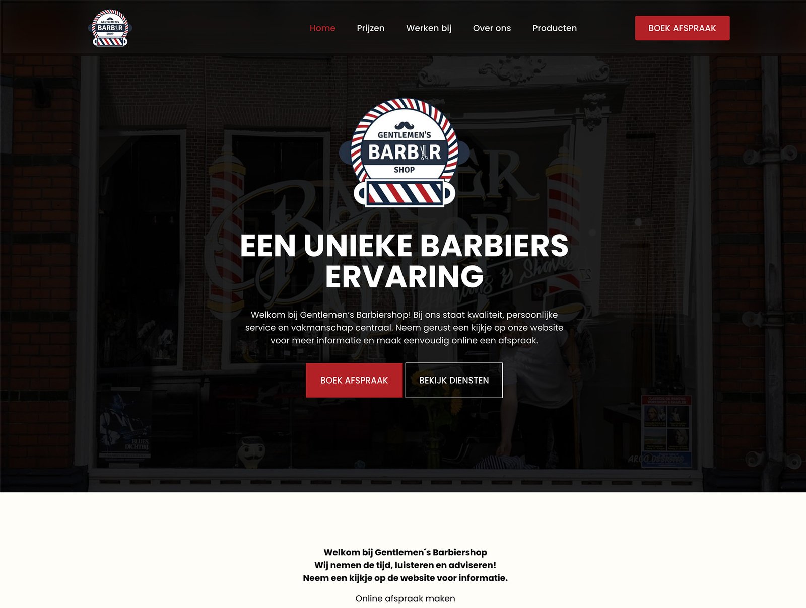 'Gentlemens Barbiershop' website, gemaakt door Niezing Media.